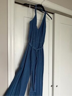 Lulu's Blue Halter Wide-Leg Jumpsuit
